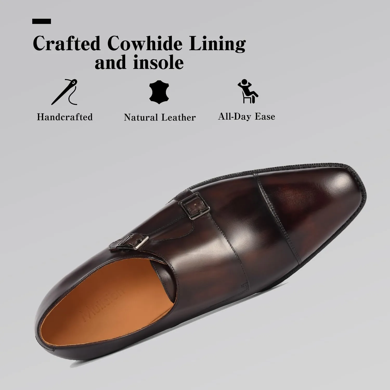 Loafers for Men - Genuine Calfskin Monk Strap Shoes | Cap Toe Dress Shoes with Double Buckle & Blake Stitch | Business Formal & Casual