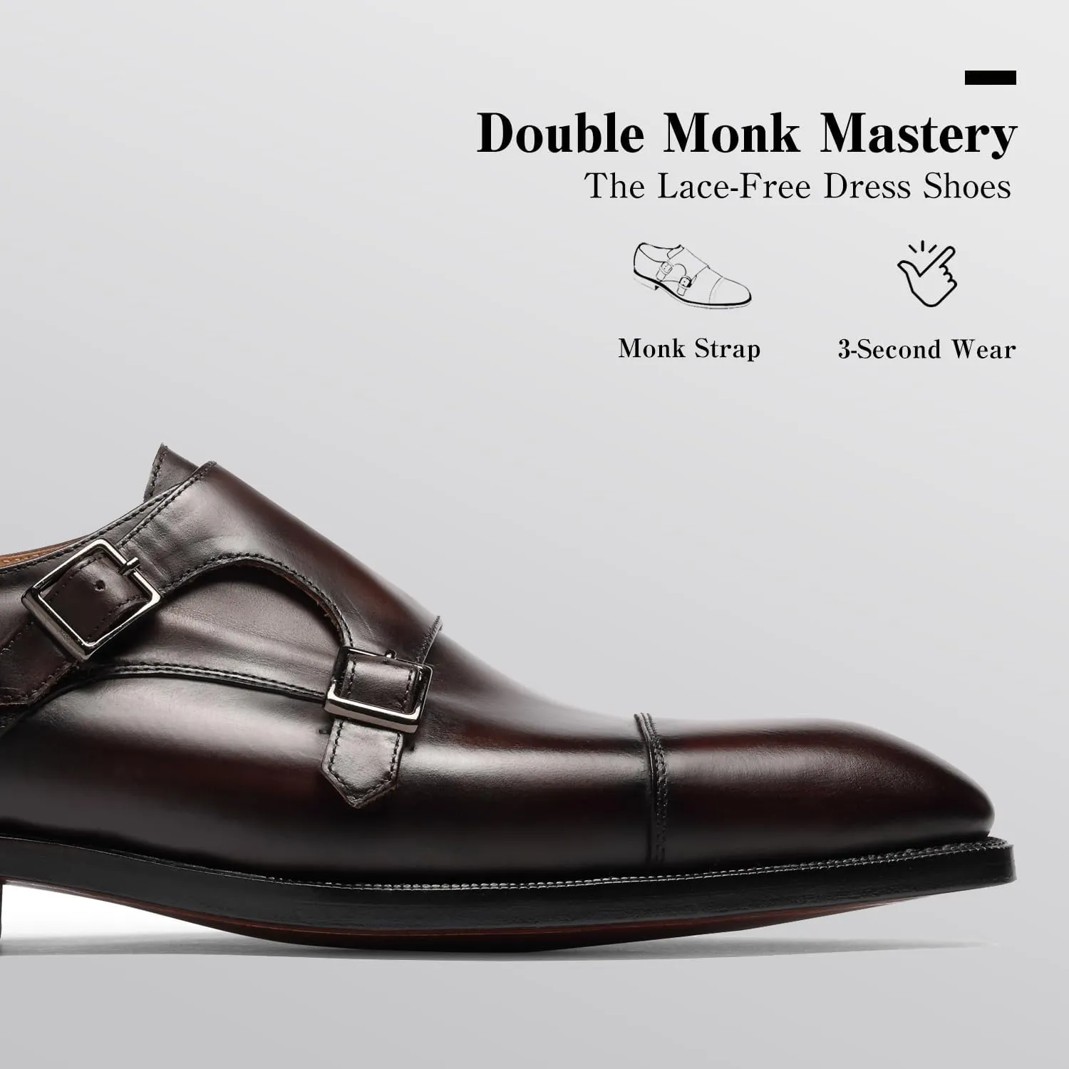 Loafers for Men - Genuine Calfskin Monk Strap Shoes | Cap Toe Dress Shoes with Double Buckle & Blake Stitch | Business Formal & Casual