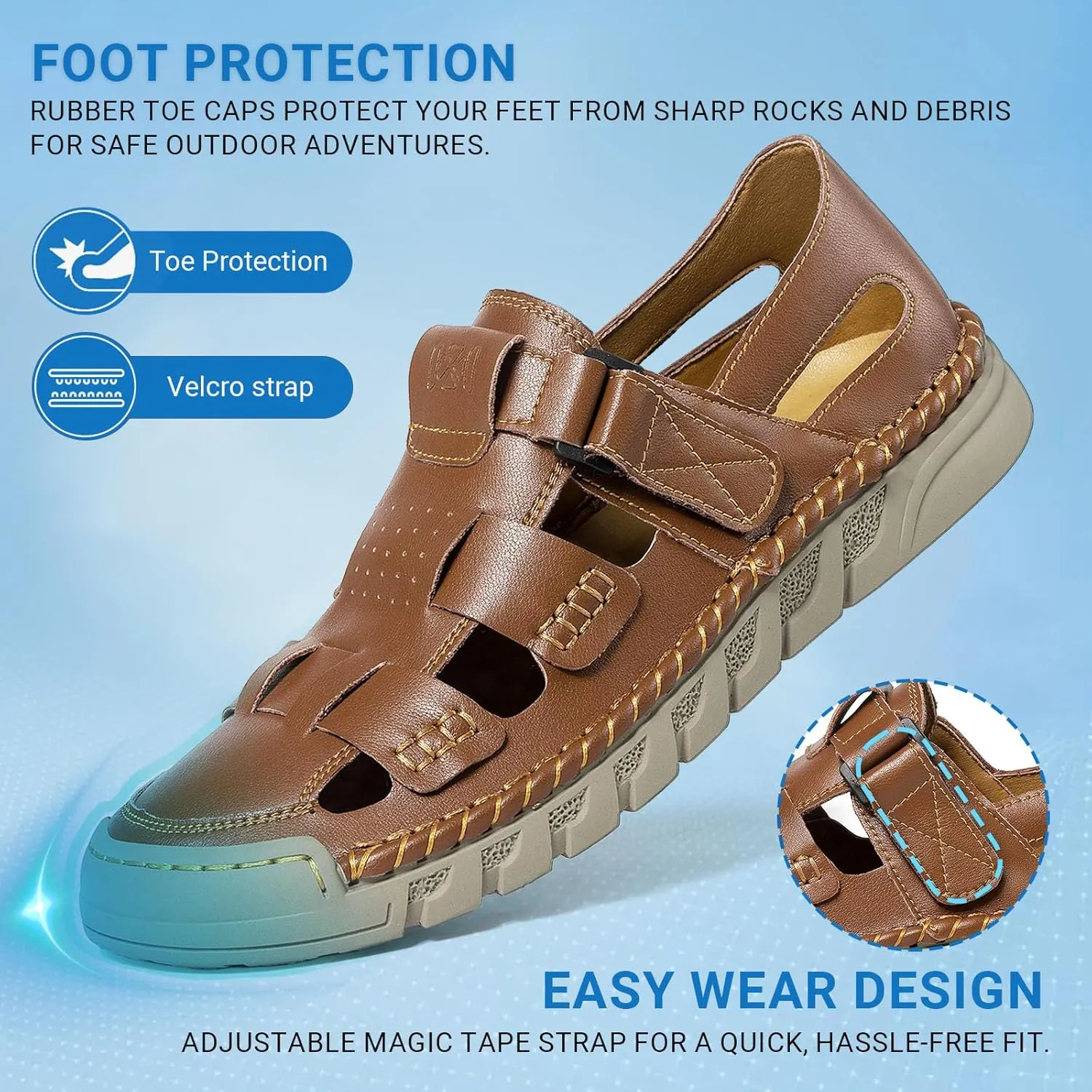 MAIZUN Men's Leather Sandals Summer Closed Toe Sandal Outdoor Fisherman Beach Shoes Hiking Walking Shoes for Adjustable Breathable