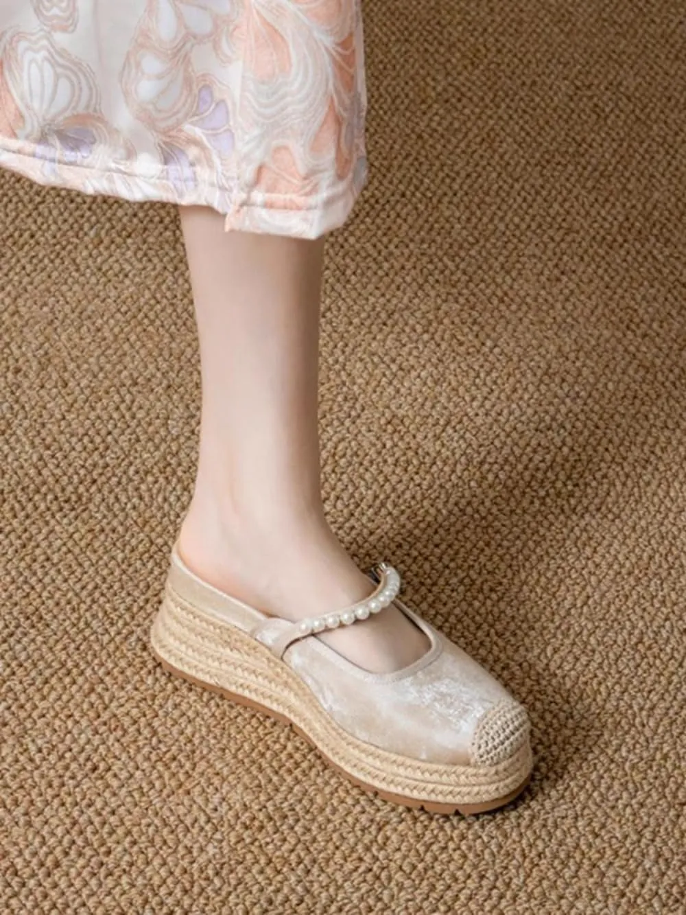 Mary Jane Espadrilles for Women Platform Rattan Wedge Sandals Raffia Ballet Flats Backless Slippers Slip on Mules Lightweight Breathable Low Top with Beaded Strap Casual Dress Shoes Summer Beach Party
