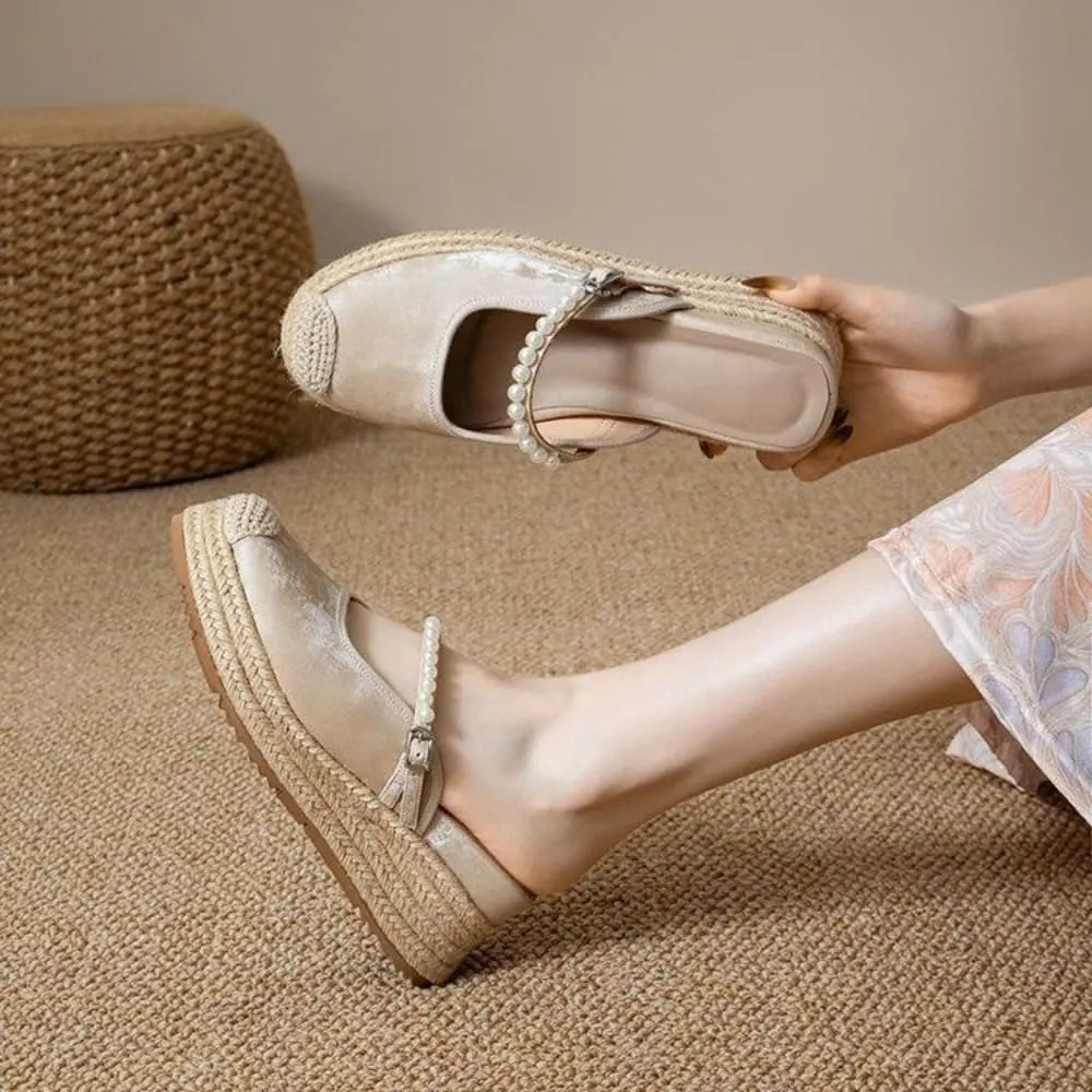 Mary Jane Espadrilles for Women Platform Rattan Wedge Sandals Raffia Ballet Flats Backless Slippers Slip on Mules Lightweight Breathable Low Top with Beaded Strap Casual Dress Shoes Summer Beach Party