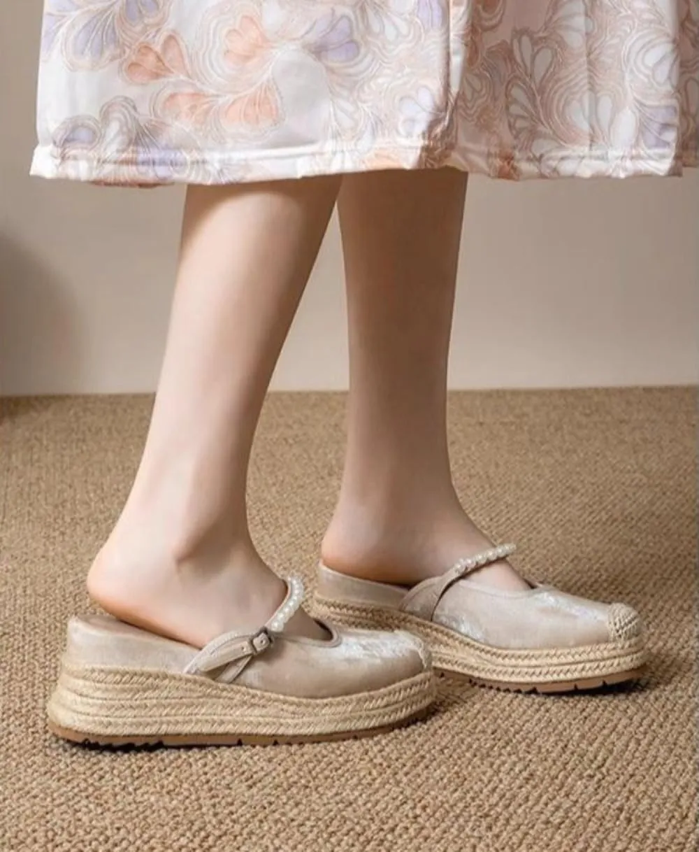 Mary Jane Espadrilles for Women Platform Rattan Wedge Sandals Raffia Ballet Flats Backless Slippers Slip on Mules Lightweight Breathable Low Top with Beaded Strap Casual Dress Shoes Summer Beach Party