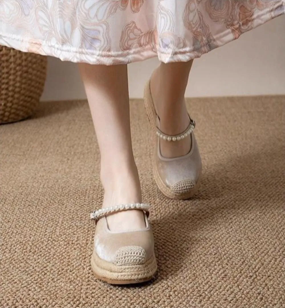 Mary Jane Espadrilles for Women Platform Rattan Wedge Sandals Raffia Ballet Flats Backless Slippers Slip on Mules Lightweight Breathable Low Top with Beaded Strap Casual Dress Shoes Summer Beach Party