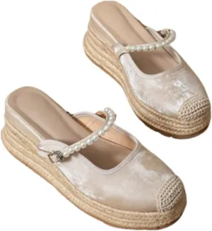 Mary Jane Espadrilles for Women Platform Rattan Wedge Sandals Raffia Ballet Flats Backless Slippers Slip on Mules Lightweight Breathable Low Top with Beaded Strap Casual Dress Shoes Summer Beach Party
