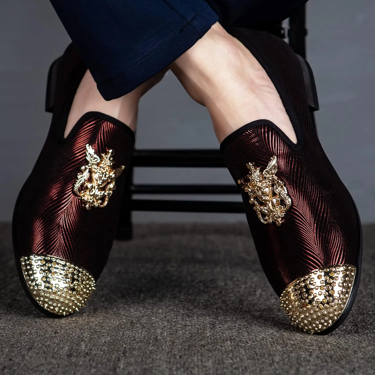 Meijiana Mens Velvet Loafers Dress Shoes with Metal Embellishments Party Luxury Loafer Shoes