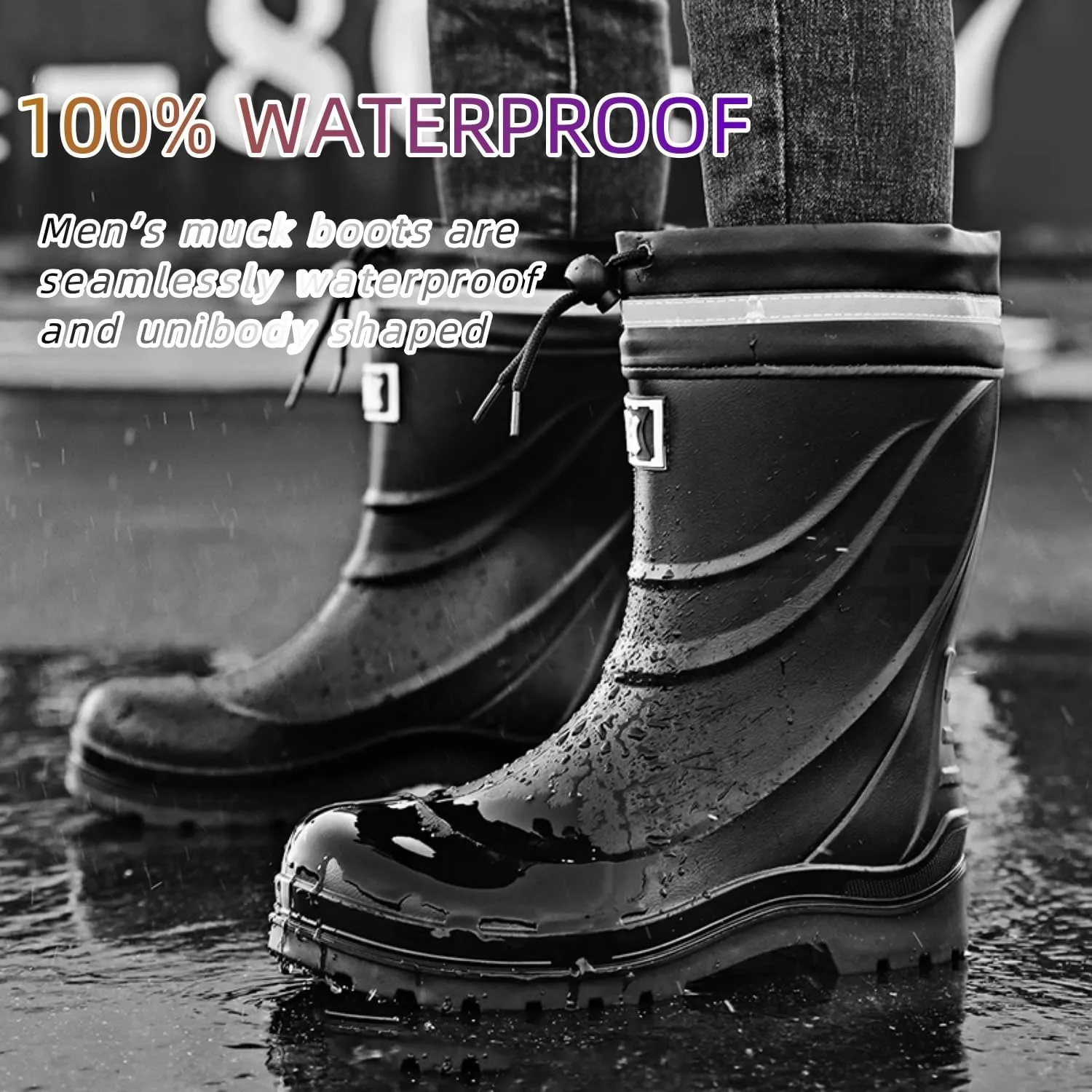 Men Rain Boots Waterproof Rubber Boots for Men with PVC Unique Design, Comfort Lightweight Work Mud Boots, Resistant Durable Slip Garden Boots for Fishing Farming Gardening