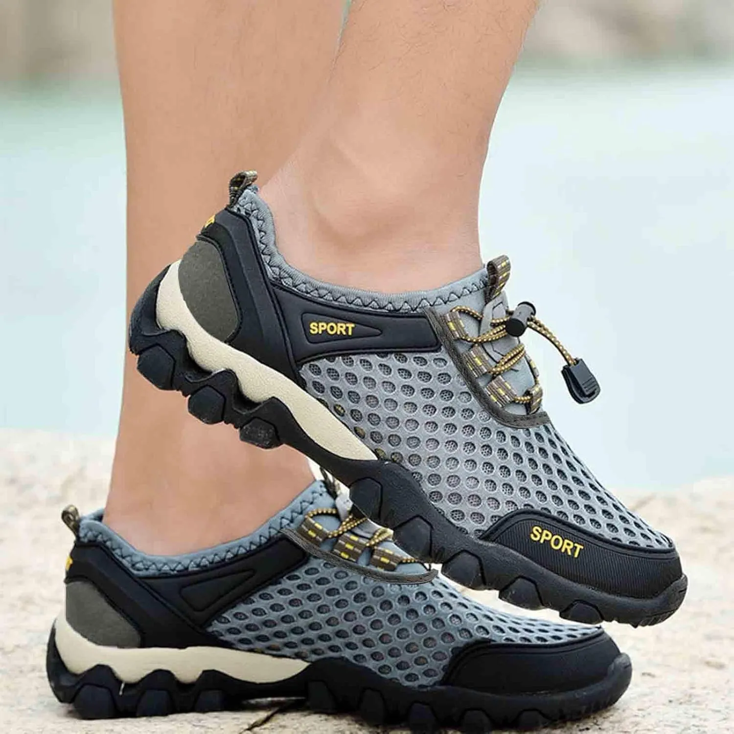 Men Summer Mesh Breathable Hiking Shoes Comfortable Walking Shoes Outdoor Travel Shoes Fashion Casual Sneaker Laces Mens
