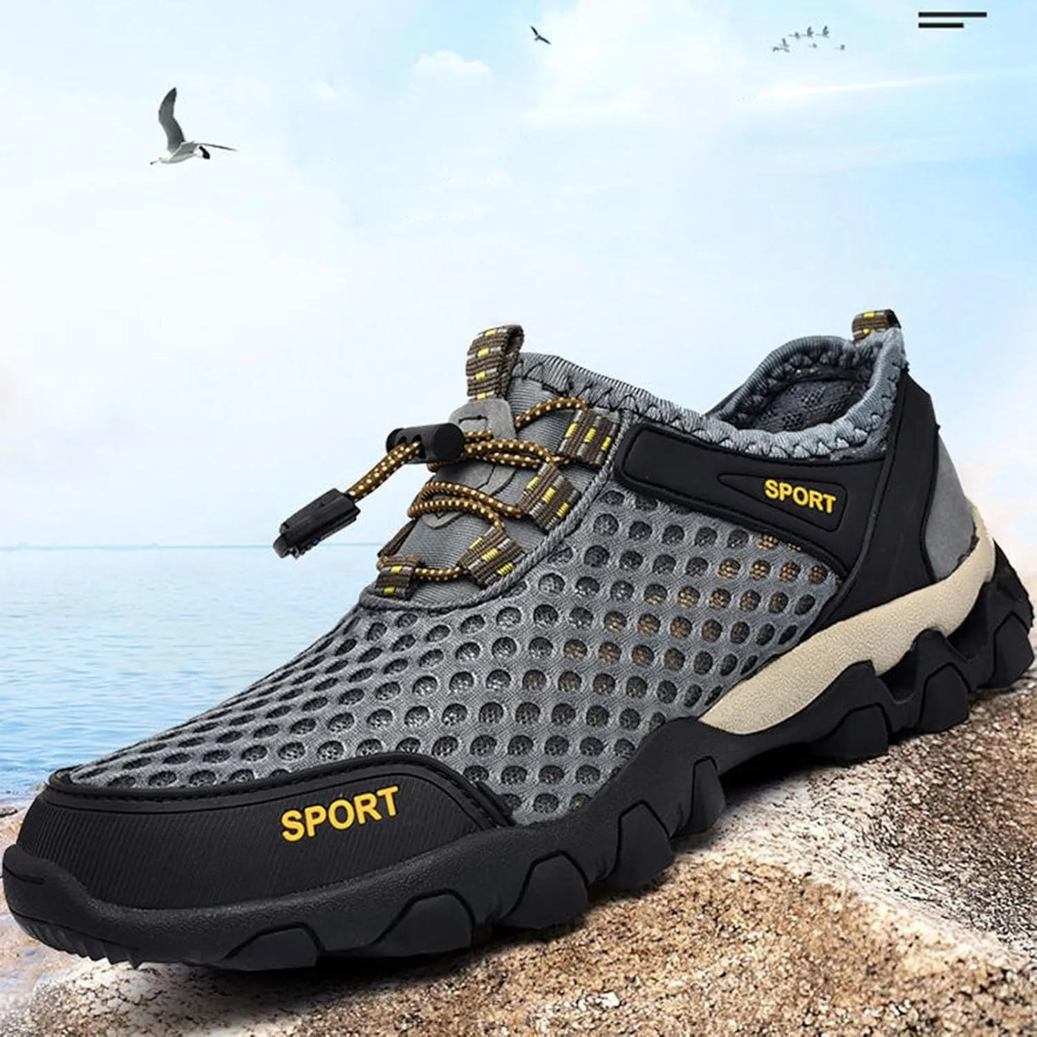 Men Summer Mesh Breathable Hiking Shoes Comfortable Walking Shoes Outdoor Travel Shoes Fashion Casual Sneaker Laces Mens