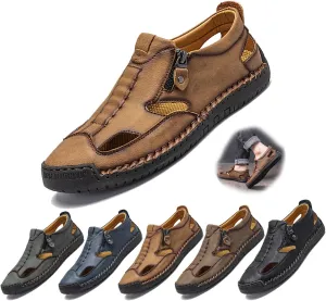 Men's Breathable Closed-Toe Leather Fisherman Sandals | Slip-On Comfort for Summer Outdoor Activities | Hand-Sewn with Side Zipper for Easy Wear | Perfect for Driving and Walking