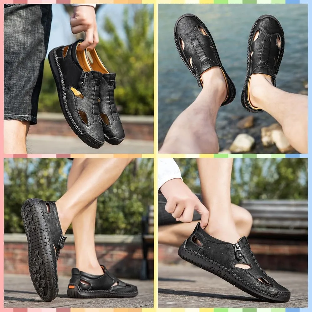 Men's Breathable Closed-Toe Leather Fisherman Sandals | Slip-On Comfort for Summer Outdoor Activities | Hand-Sewn with Side Zipper for Easy Wear | Perfect for Driving and Walking