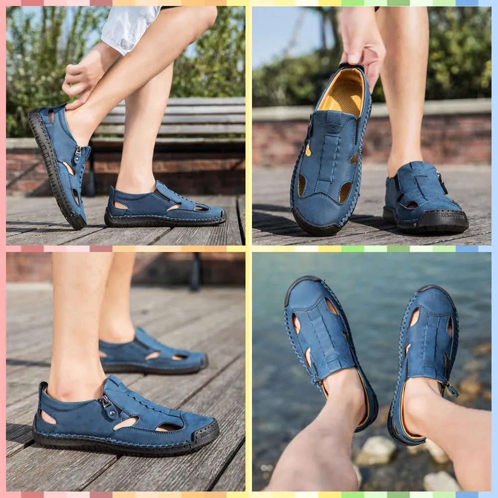 Men's Breathable Closed-Toe Leather Fisherman Sandals | Slip-On Comfort for Summer Outdoor Activities | Hand-Sewn with Side Zipper for Easy Wear | Perfect for Driving and Walking