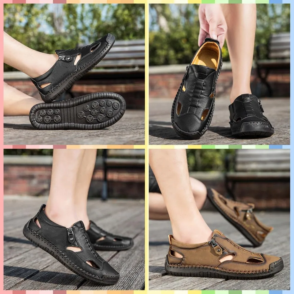 Men's Breathable Closed-Toe Leather Fisherman Sandals | Slip-On Comfort for Summer Outdoor Activities | Hand-Sewn with Side Zipper for Easy Wear | Perfect for Driving and Walking