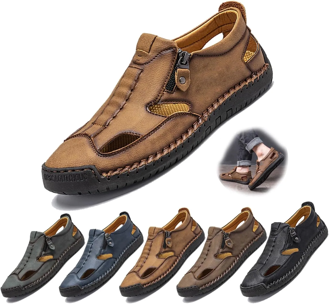 Men's Breathable Closed-Toe Leather Fisherman Sandals | Slip-On Comfort for Summer Outdoor Activities | Hand-Sewn with Side Zipper for Easy Wear | Perfect for Driving and Walking