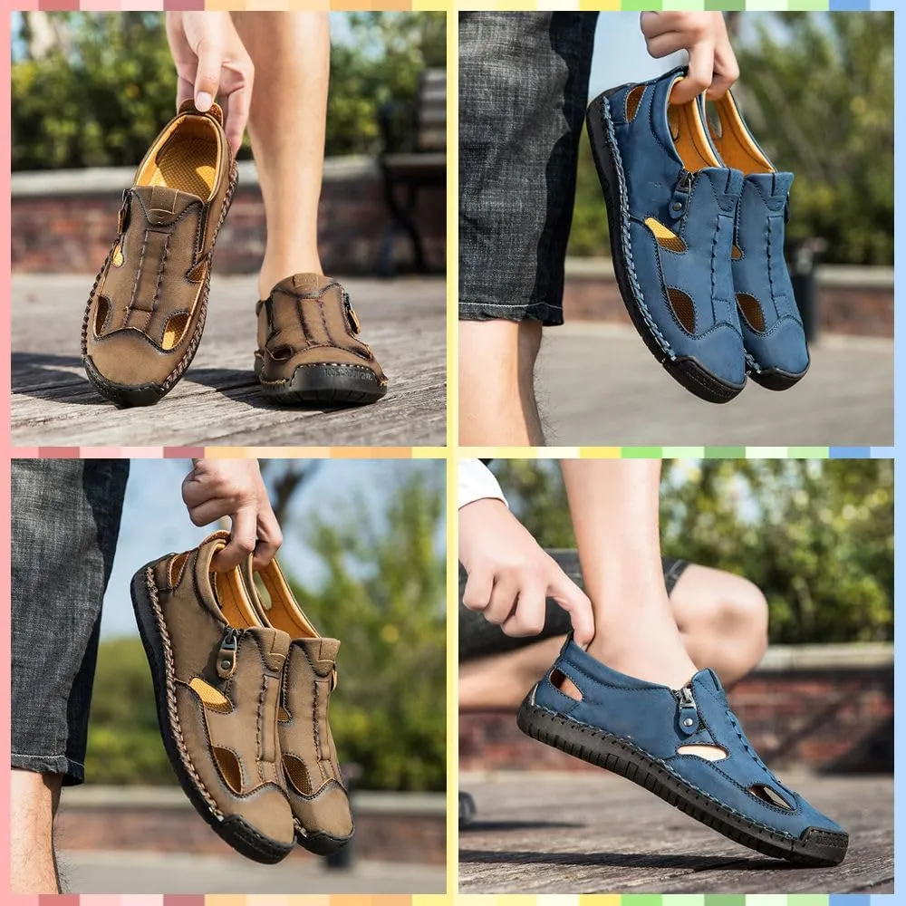 Men's Breathable Closed-Toe Leather Fisherman Sandals | Slip-On Comfort for Summer Outdoor Activities | Hand-Sewn with Side Zipper for Easy Wear | Perfect for Driving and Walking