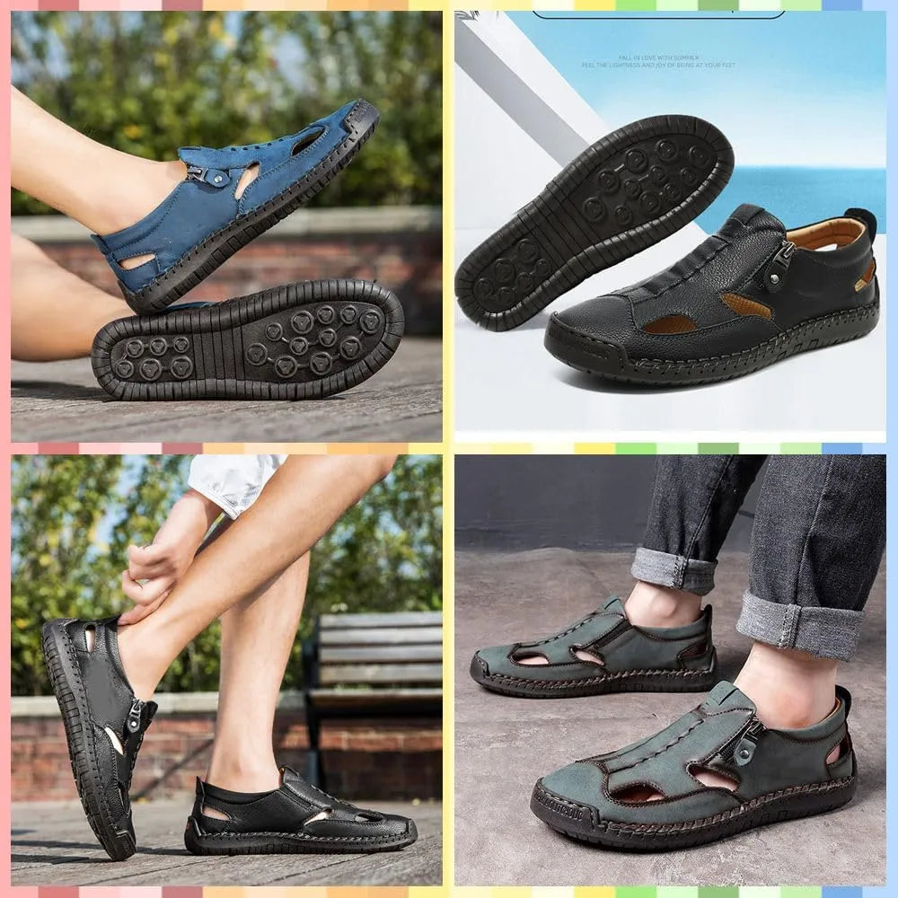 Men's Breathable Closed-Toe Leather Fisherman Sandals | Slip-On Comfort for Summer Outdoor Activities | Hand-Sewn with Side Zipper for Easy Wear | Perfect for Driving and Walking