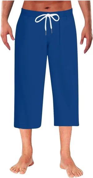 Mens Capri Pajama Pants Elastic Waist Drawstring Pilates Yoga Beach Lounge Sleep Pjs Casual Lightweight & Comfortable