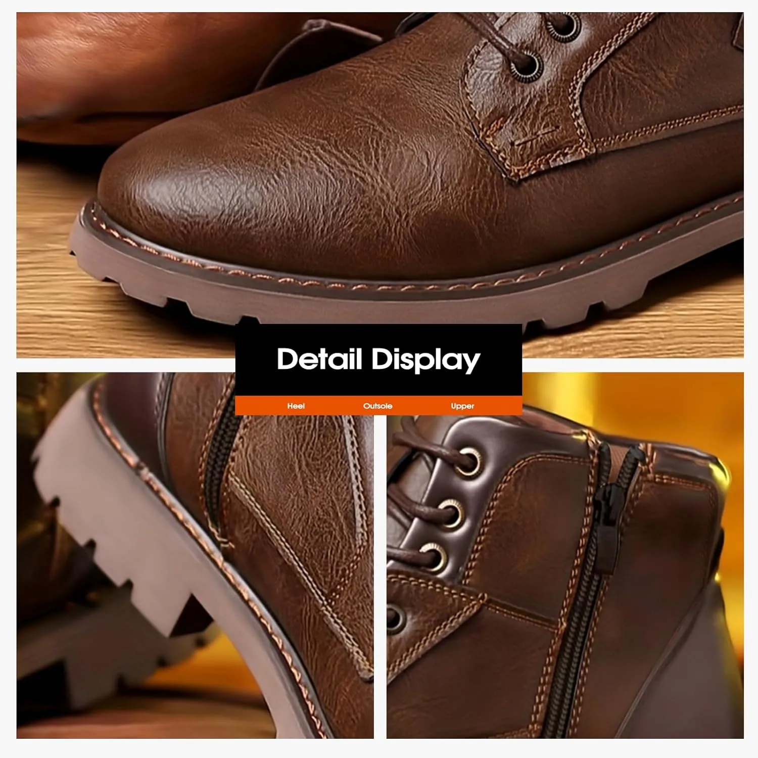 Men's Combat Boots,Synthetic Leather, Lace-up Ankle Boots with Rubber Sole