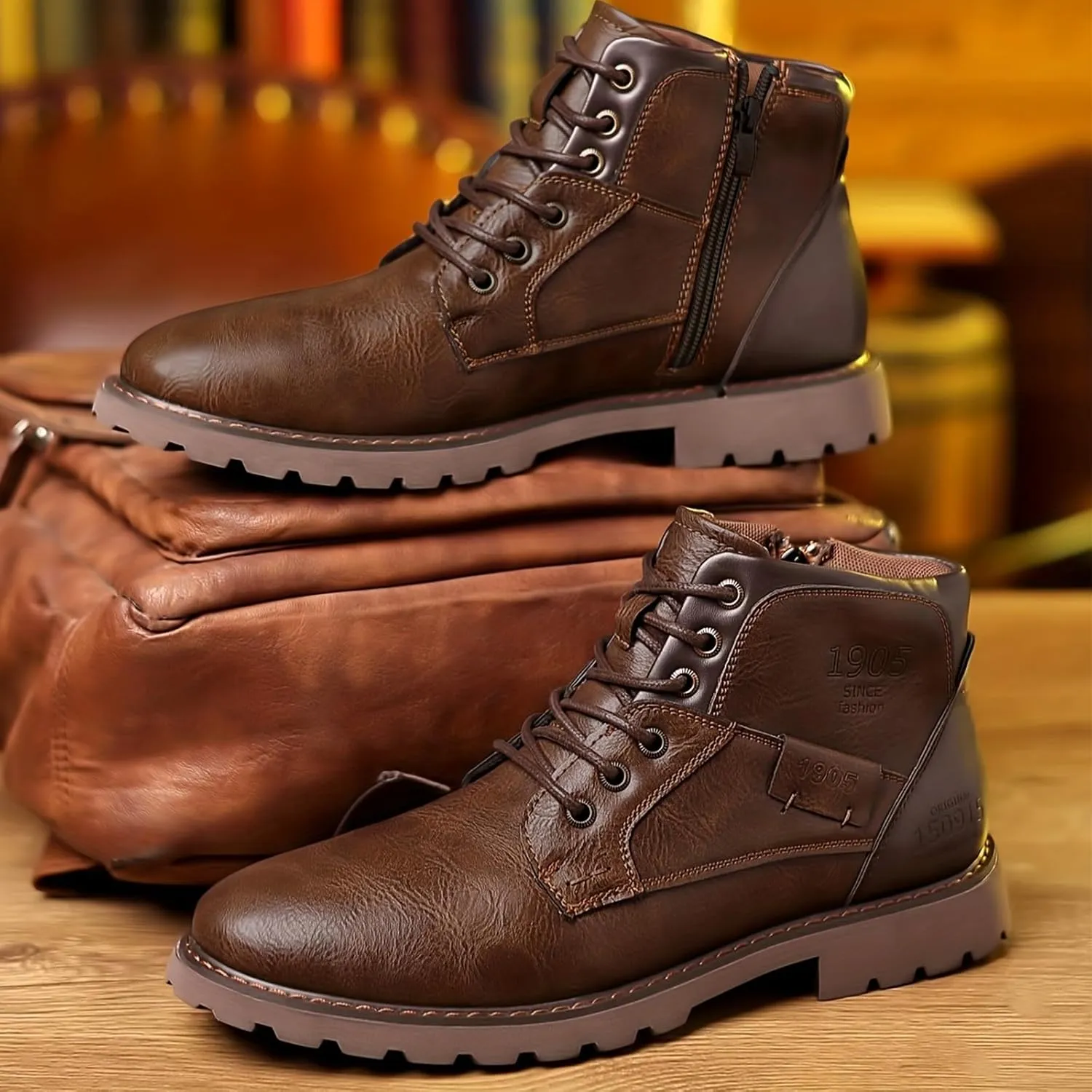 Men's Combat Boots,Synthetic Leather, Lace-up Ankle Boots with Rubber Sole