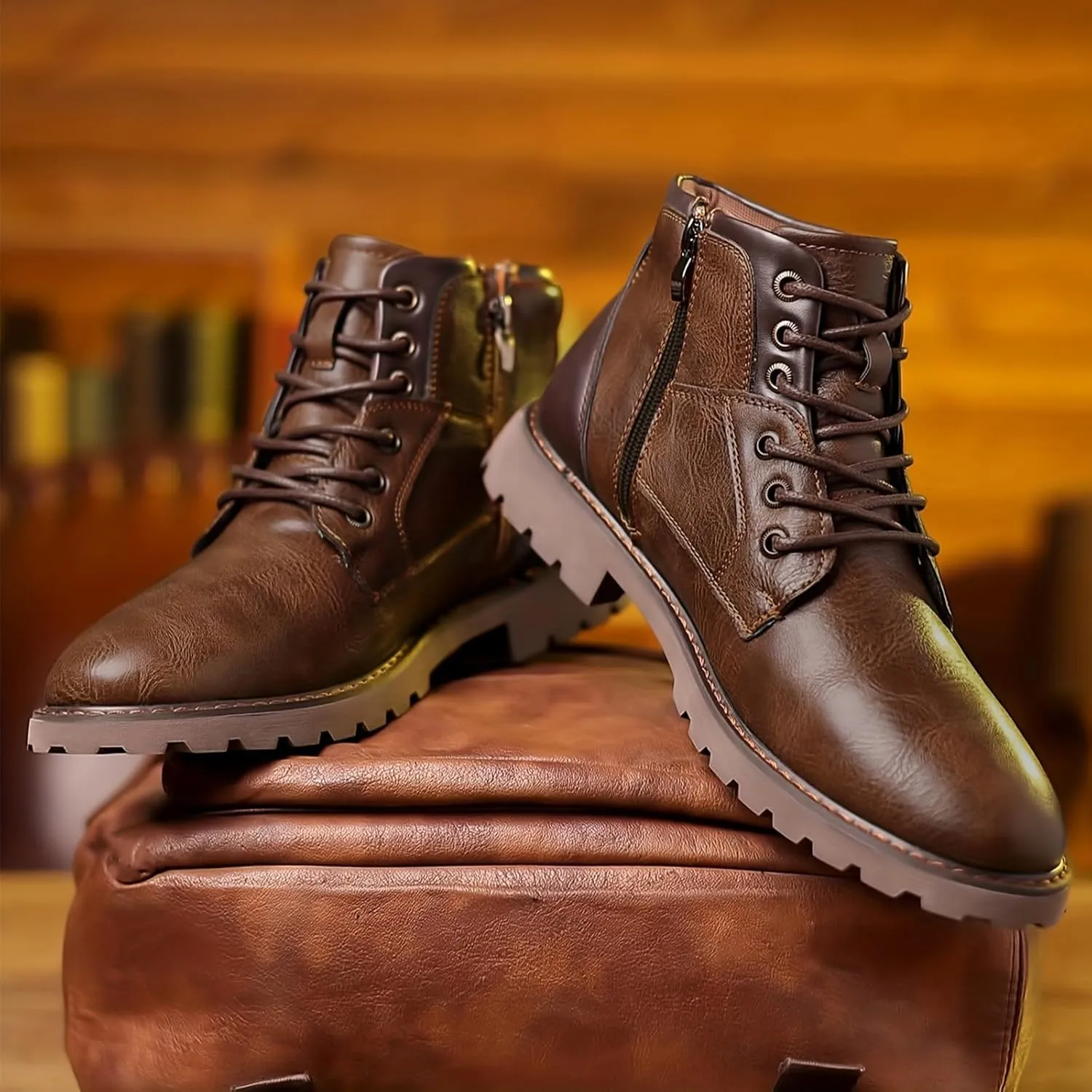 Men's Combat Boots,Synthetic Leather, Lace-up Ankle Boots with Rubber Sole