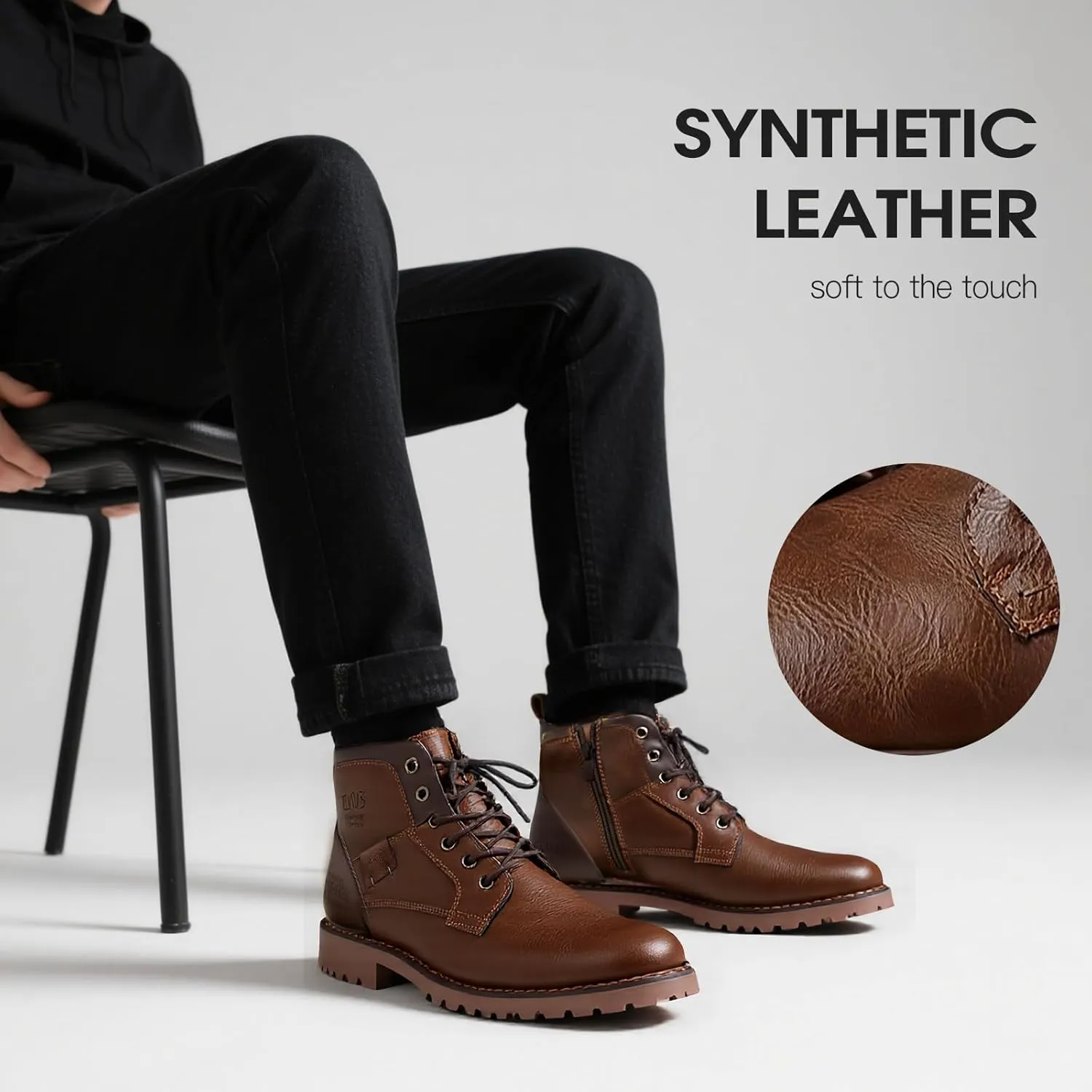 Men's Combat Boots,Synthetic Leather, Lace-up Ankle Boots with Rubber Sole