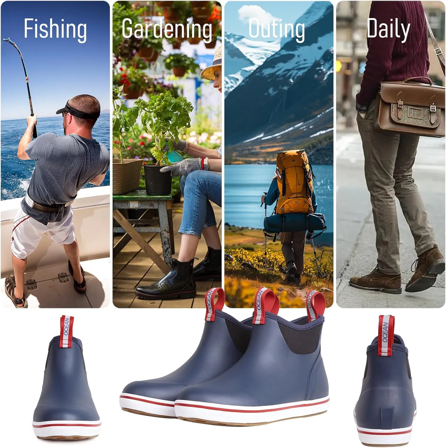 Men's Deck Boots Waterproof Anti-Slip Rubber Ankle Rain Shoes for Fishing Gardening Outing