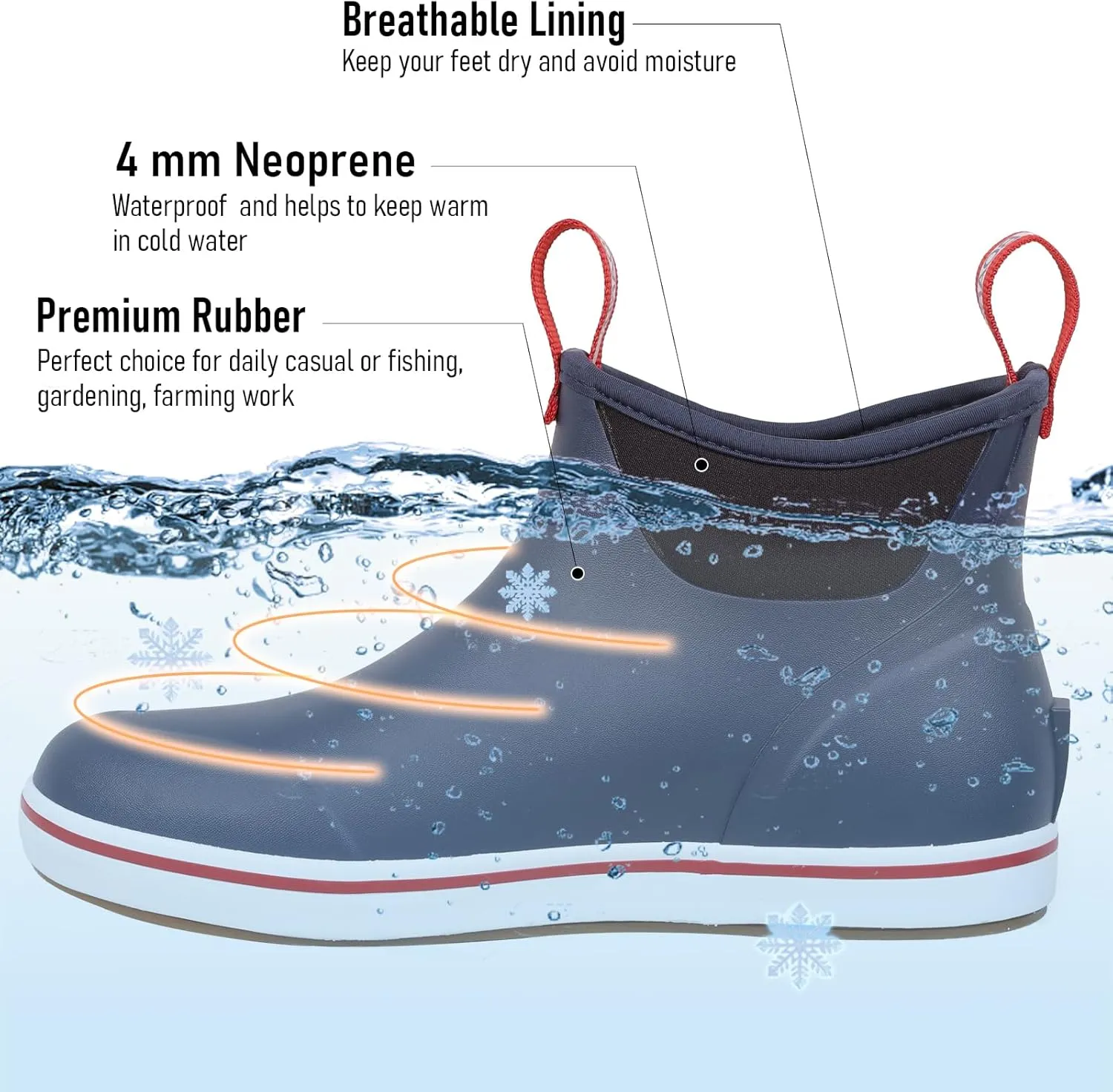 Men's Deck Boots Waterproof Anti-Slip Rubber Ankle Rain Shoes for Fishing Gardening Outing