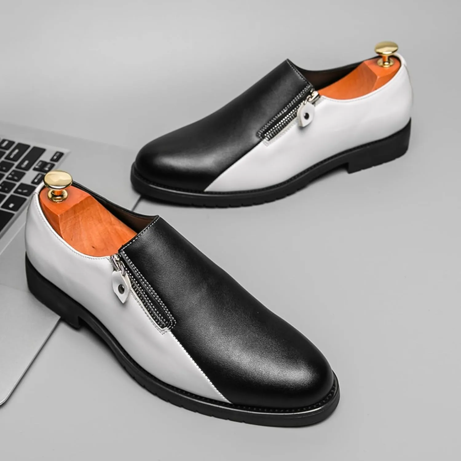 Men's Dress Shoes Slip-On with Zipper - Black Leather & Two-Tone (Black/White) for Office & Casual Wear Smooth Polish Finish