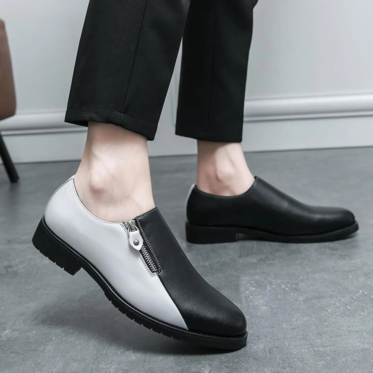 Men's Dress Shoes Slip-On with Zipper - Black Leather & Two-Tone (Black/White) for Office & Casual Wear Smooth Polish Finish