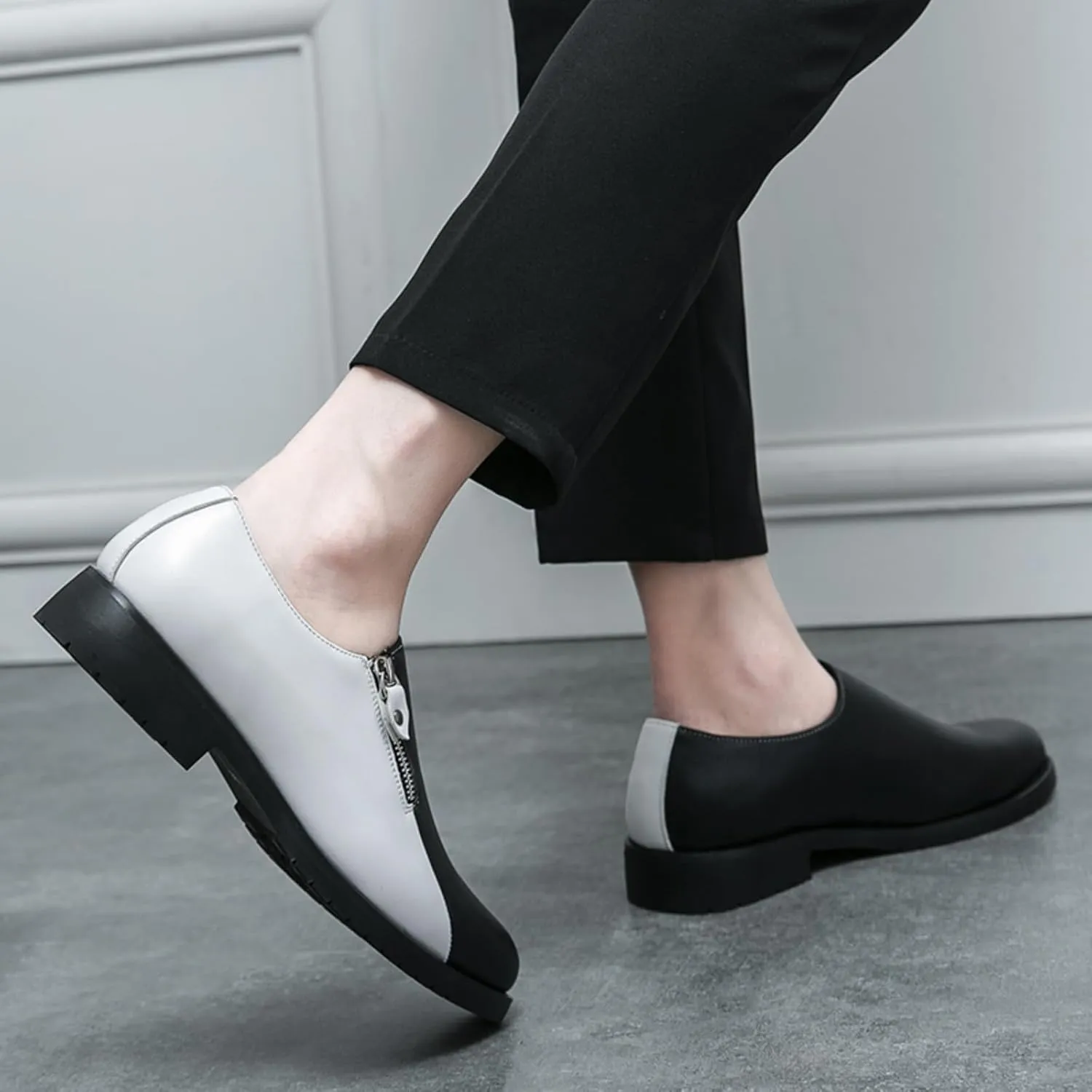 Men's Dress Shoes Slip-On with Zipper - Black Leather & Two-Tone (Black/White) for Office & Casual Wear Smooth Polish Finish