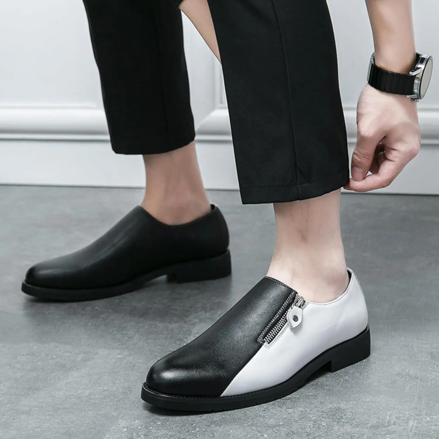 Men's Dress Shoes Slip-On with Zipper - Black Leather & Two-Tone (Black/White) for Office & Casual Wear Smooth Polish Finish