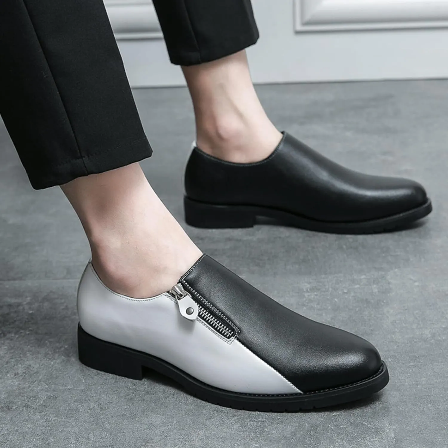 Men's Dress Shoes Slip-On with Zipper - Black Leather & Two-Tone (Black/White) for Office & Casual Wear Smooth Polish Finish