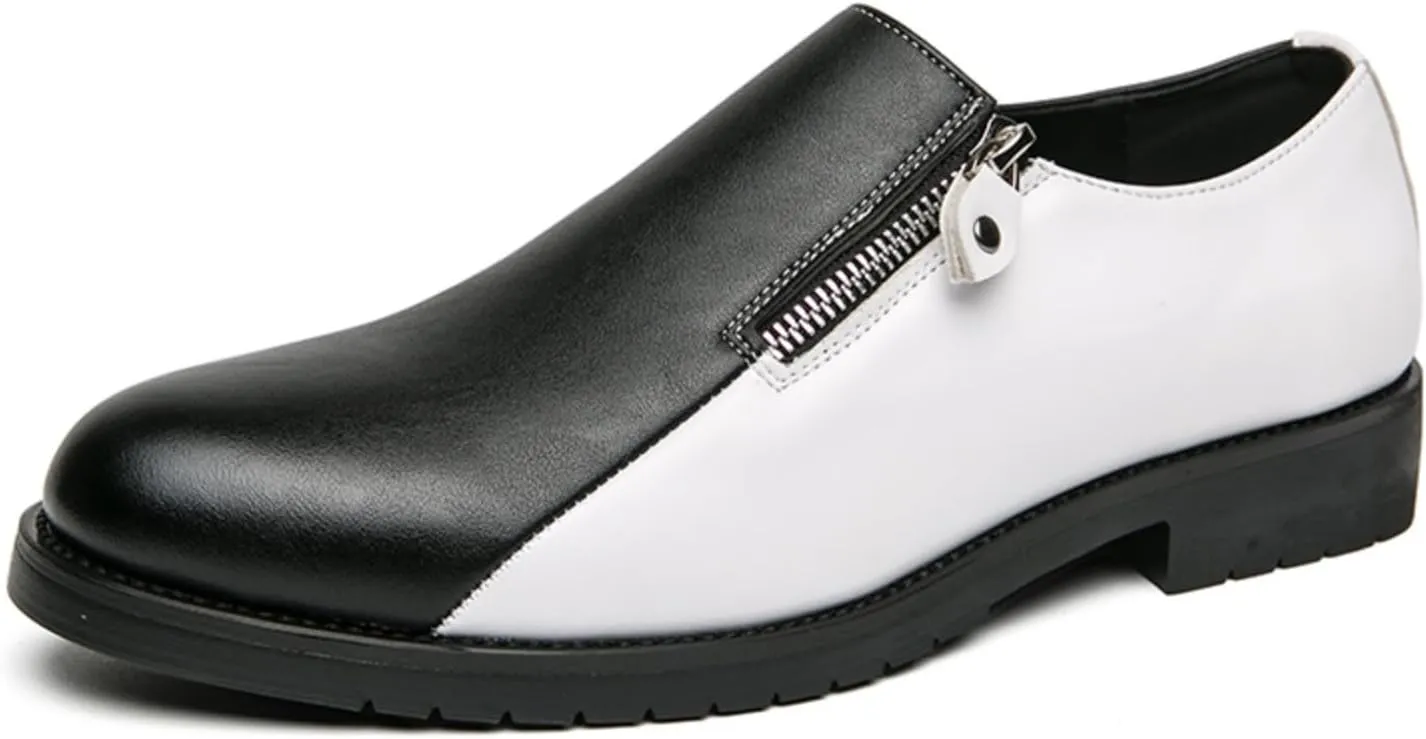 Men's Dress Shoes Slip-On with Zipper - Black Leather & Two-Tone (Black/White) for Office & Casual Wear Smooth Polish Finish