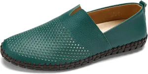 Men's Genuine Leather Slip-On Loafers Handmade Perforated Breathable Casual Driving Shoes