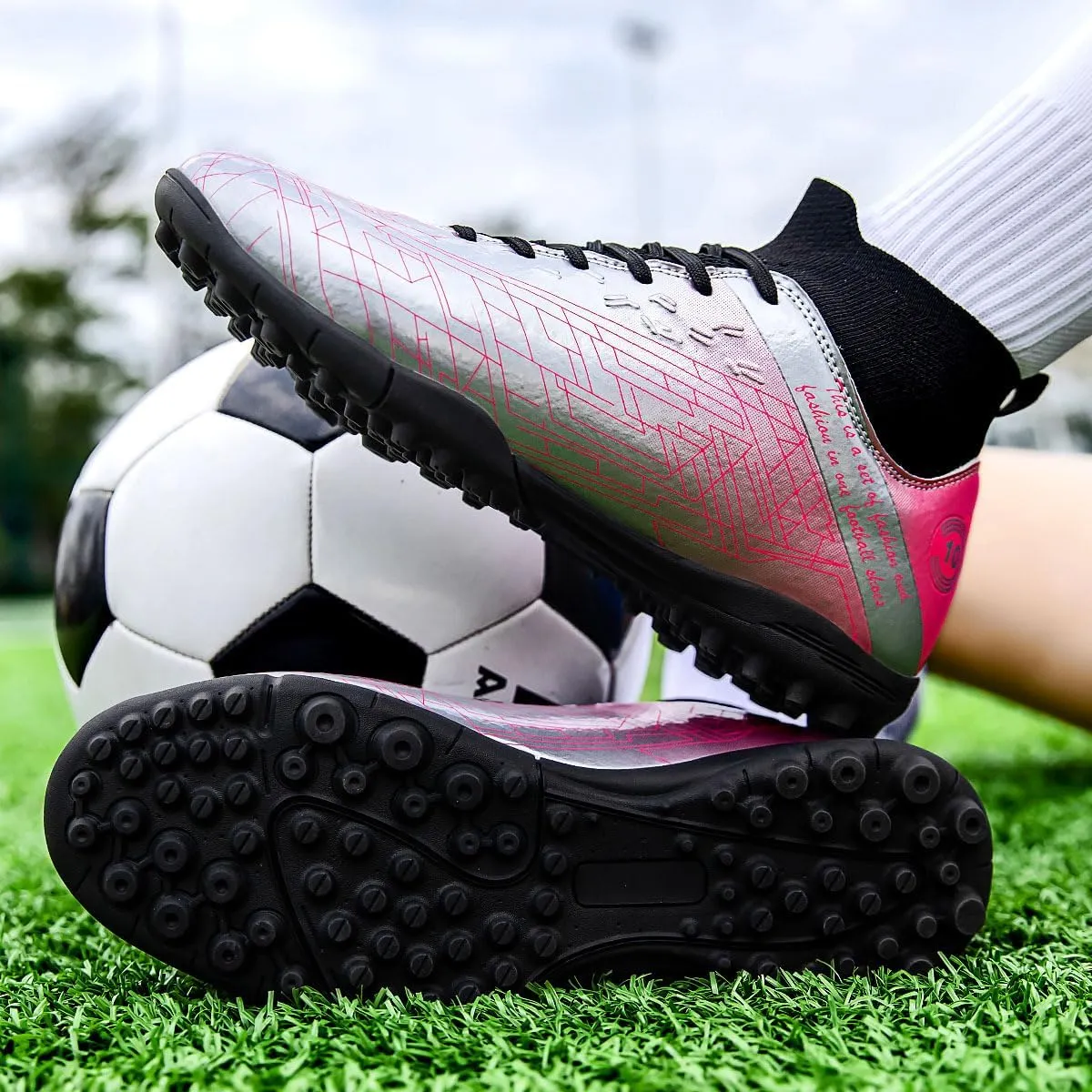 Men's Gold Soccer Cleats FG/Turf - Breathable Knit & PVC Soccer Sneakers for Mens Womens - Lightweight Football Shoes with Metallic Glossy