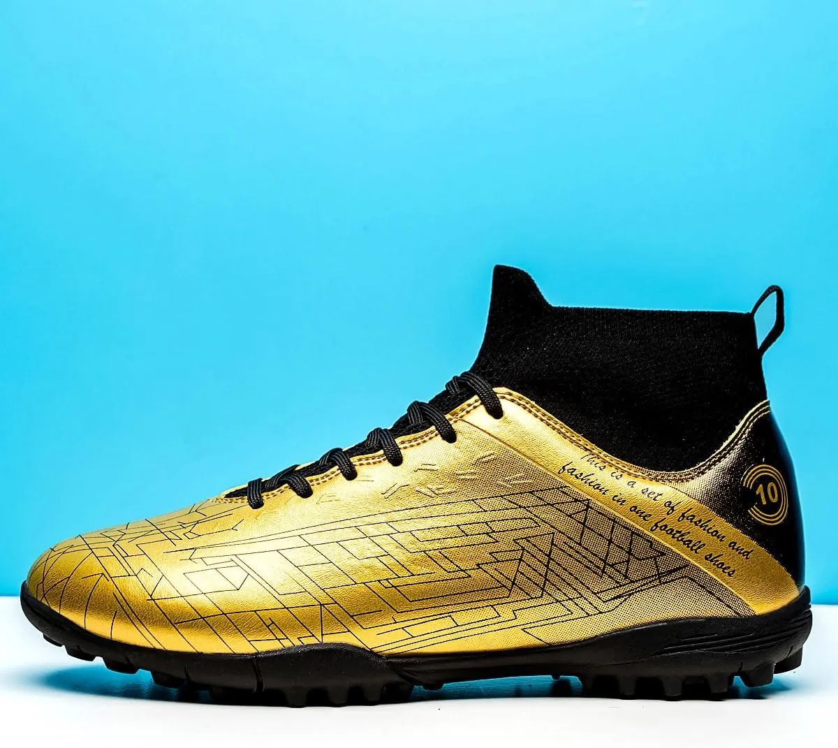 Men's Gold Soccer Cleats FG/Turf - Breathable Knit & PVC Soccer Sneakers for Mens Womens - Lightweight Football Shoes with Metallic Glossy