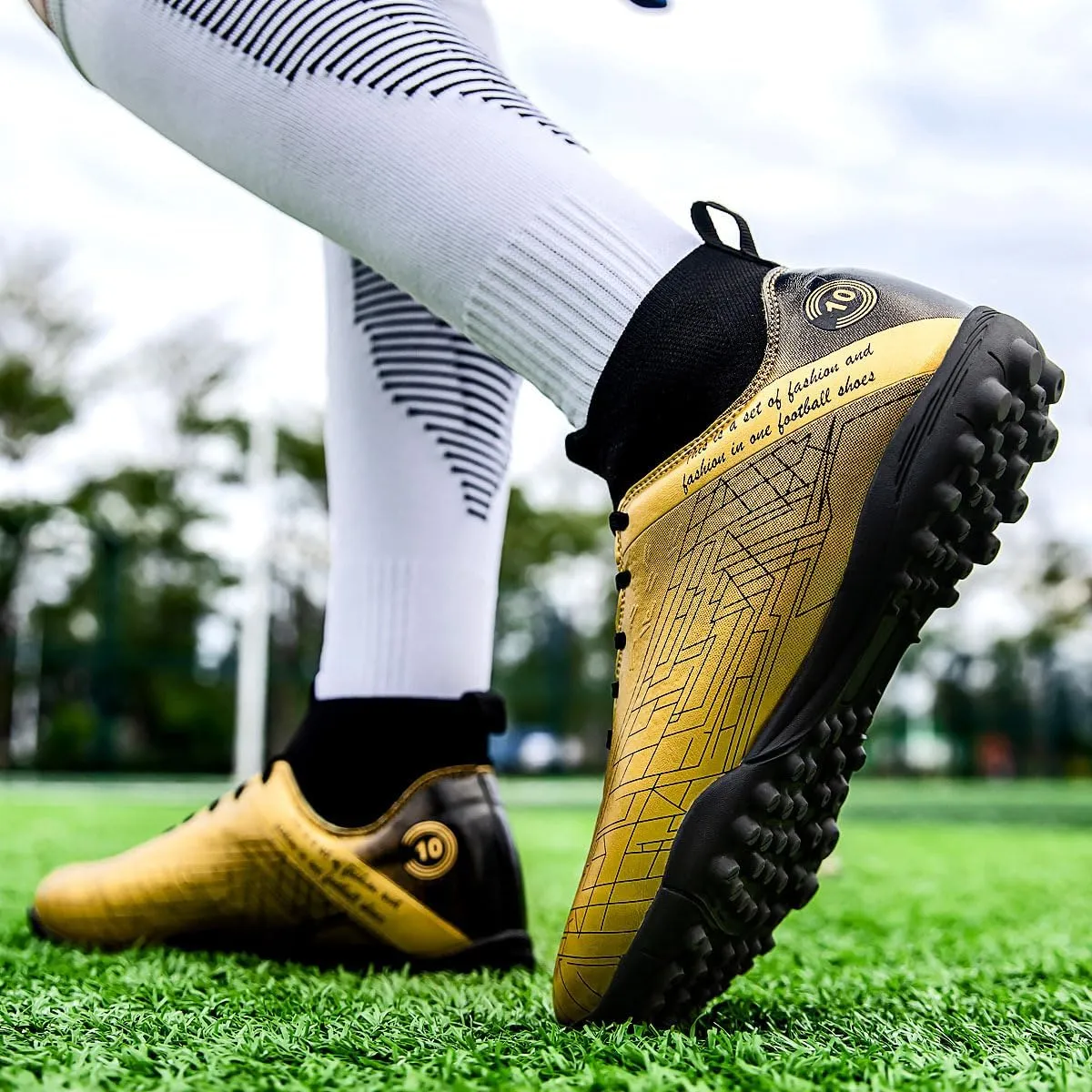 Men's Gold Soccer Cleats FG/Turf - Breathable Knit & PVC Soccer Sneakers for Mens Womens - Lightweight Football Shoes with Metallic Glossy