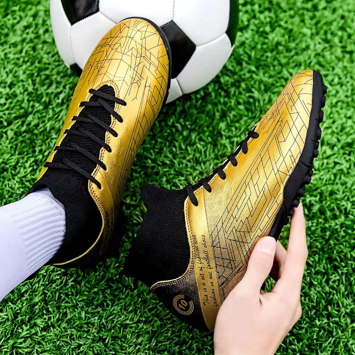 Men's Gold Soccer Cleats FG/Turf - Breathable Knit & PVC Soccer Sneakers for Mens Womens - Lightweight Football Shoes with Metallic Glossy