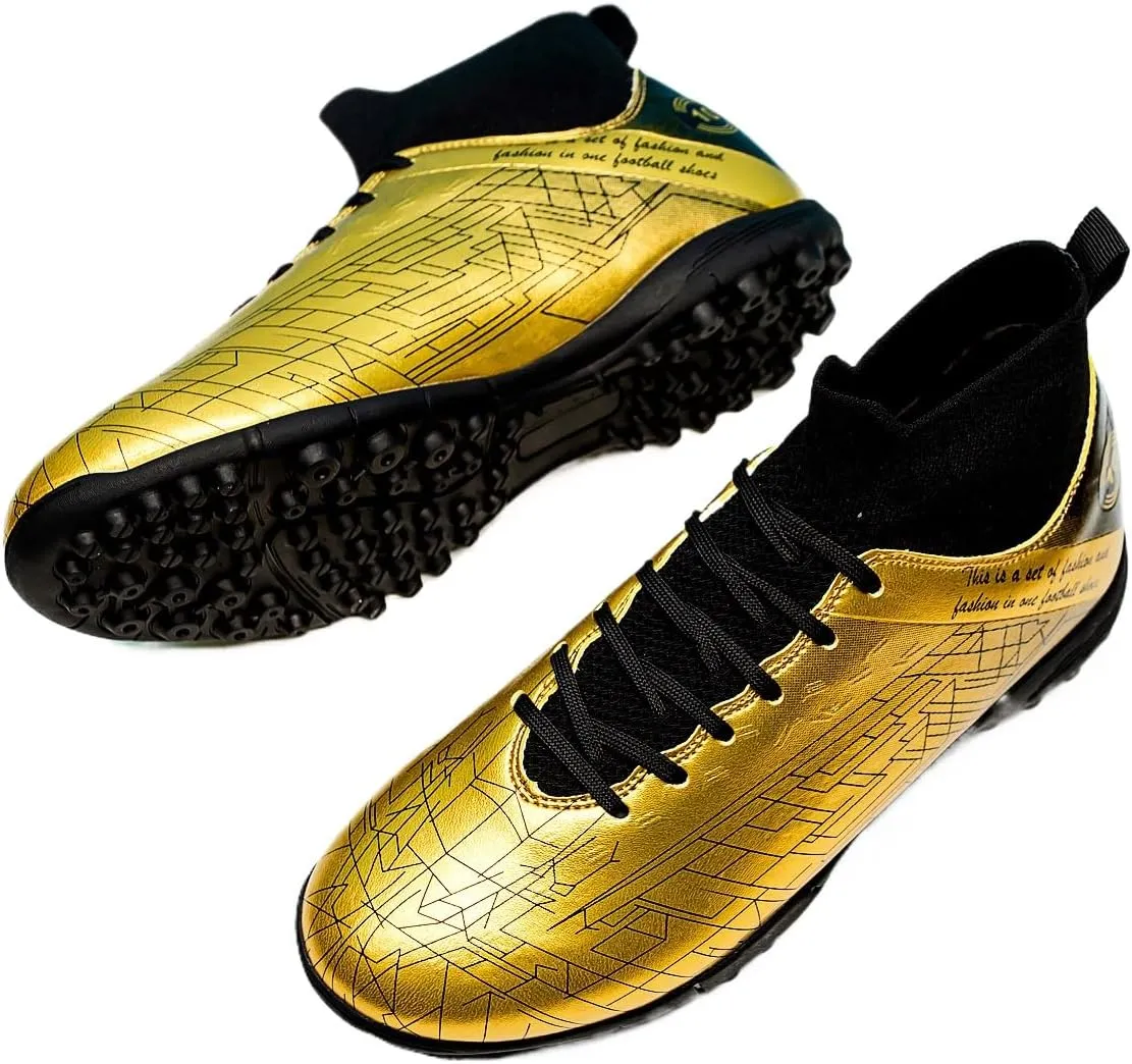 Men's Gold Soccer Cleats FG/Turf - Breathable Knit & PVC Soccer Sneakers for Mens Womens - Lightweight Football Shoes with Metallic Glossy