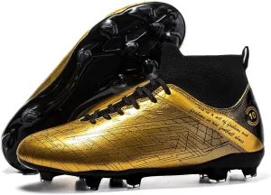 Men's Gold Soccer Cleats FG/Turf - Breathable Knit & PVC Soccer Sneakers for Mens Womens - Lightweight Football Shoes with Metallic Glossy