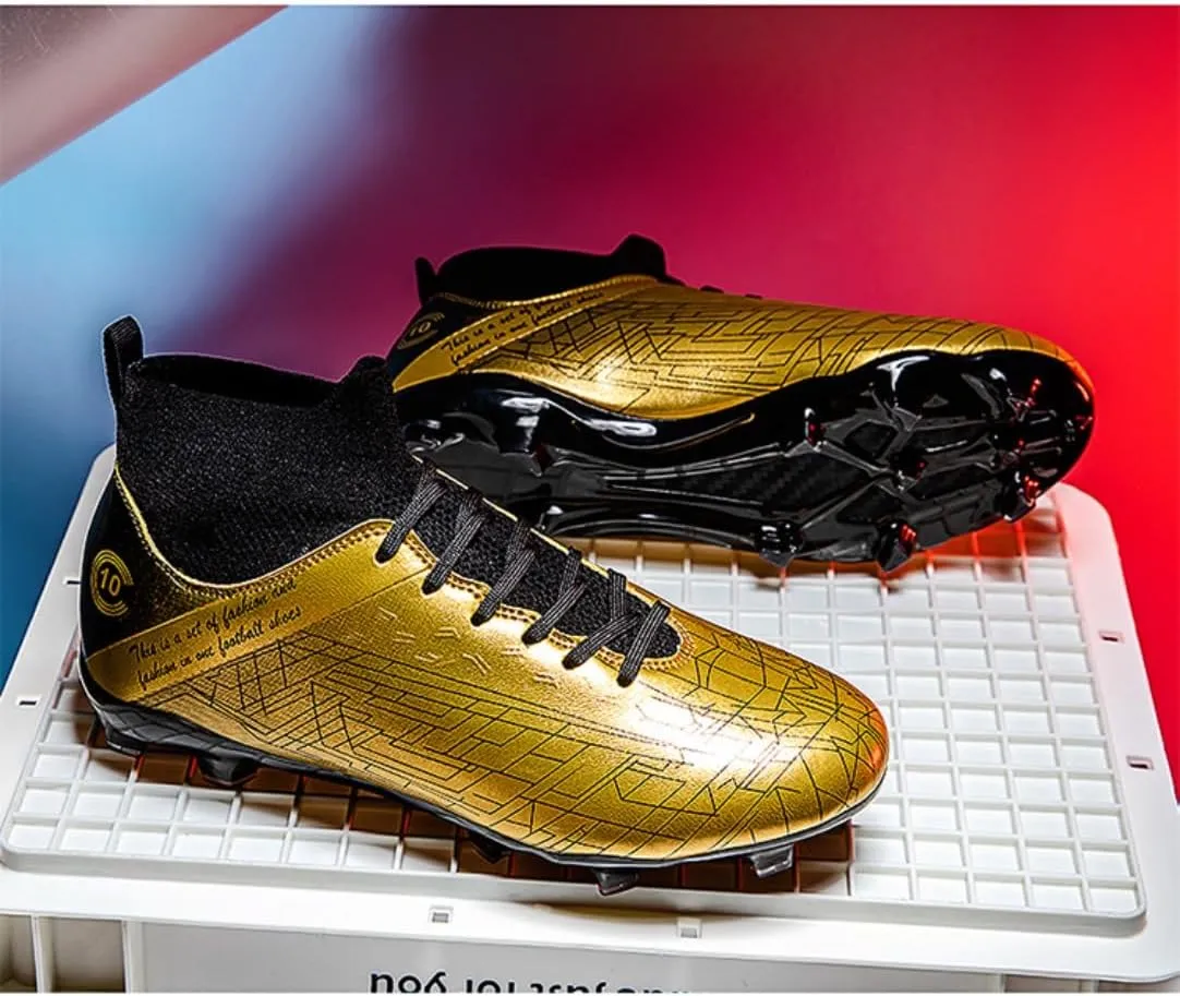Men's Gold Soccer Cleats FG/Turf - Breathable Knit & PVC Soccer Sneakers for Mens Womens - Lightweight Football Shoes with Metallic Glossy