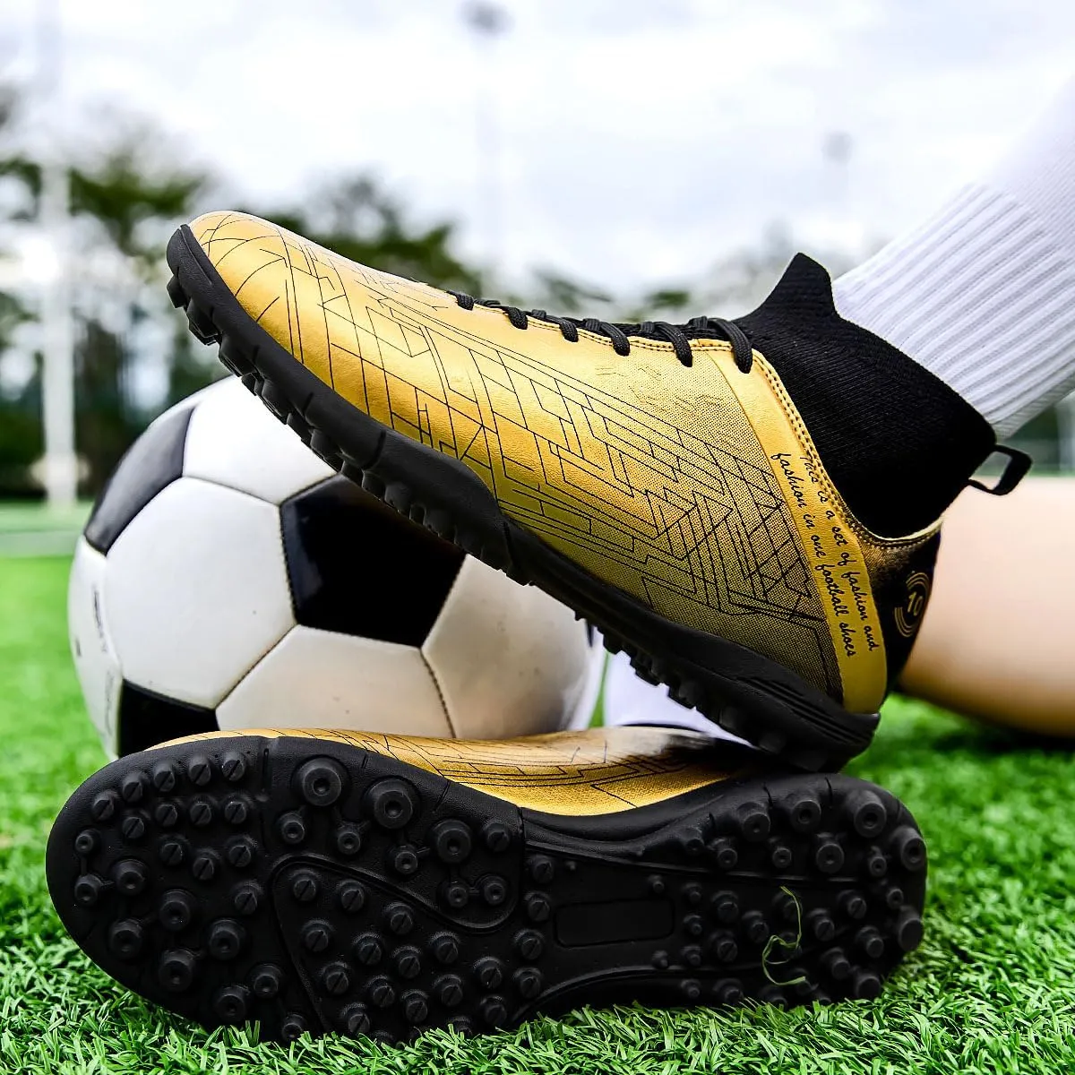 Men's Gold Soccer Cleats FG/Turf - Breathable Knit & PVC Soccer Sneakers for Mens Womens - Lightweight Football Shoes with Metallic Glossy