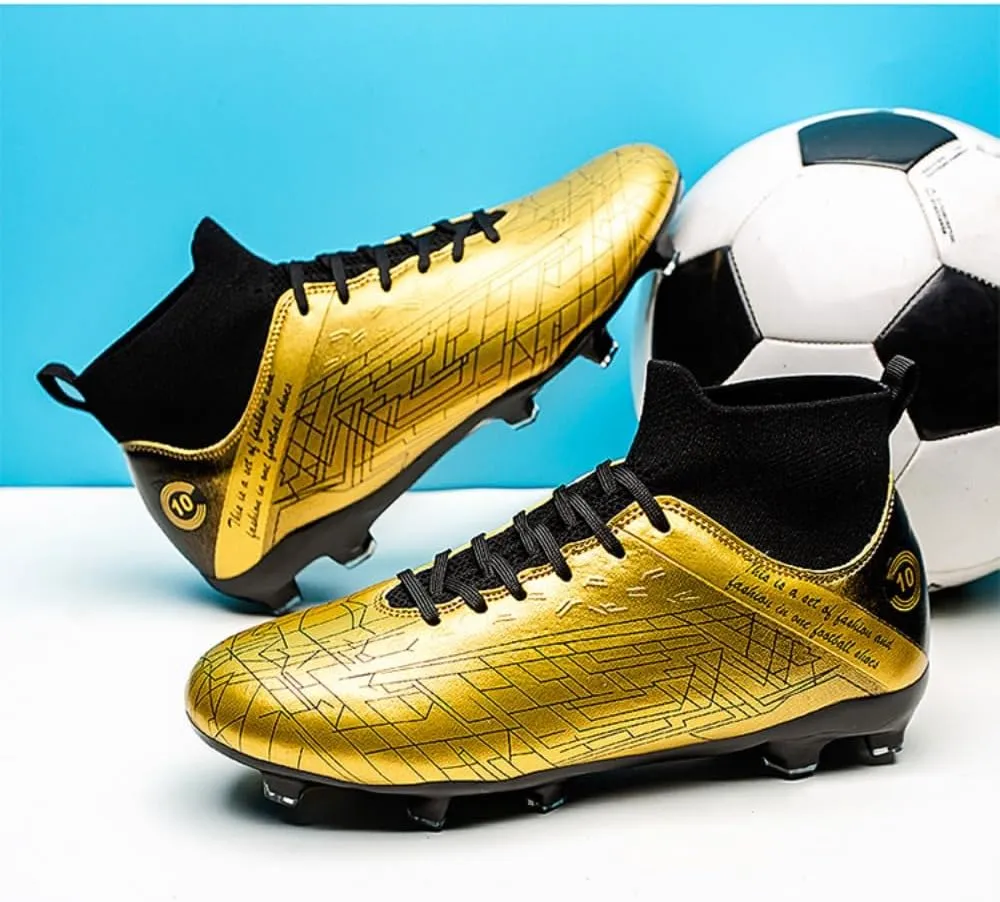 Men's Gold Soccer Cleats FG/Turf - Breathable Knit & PVC Soccer Sneakers for Mens Womens - Lightweight Football Shoes with Metallic Glossy