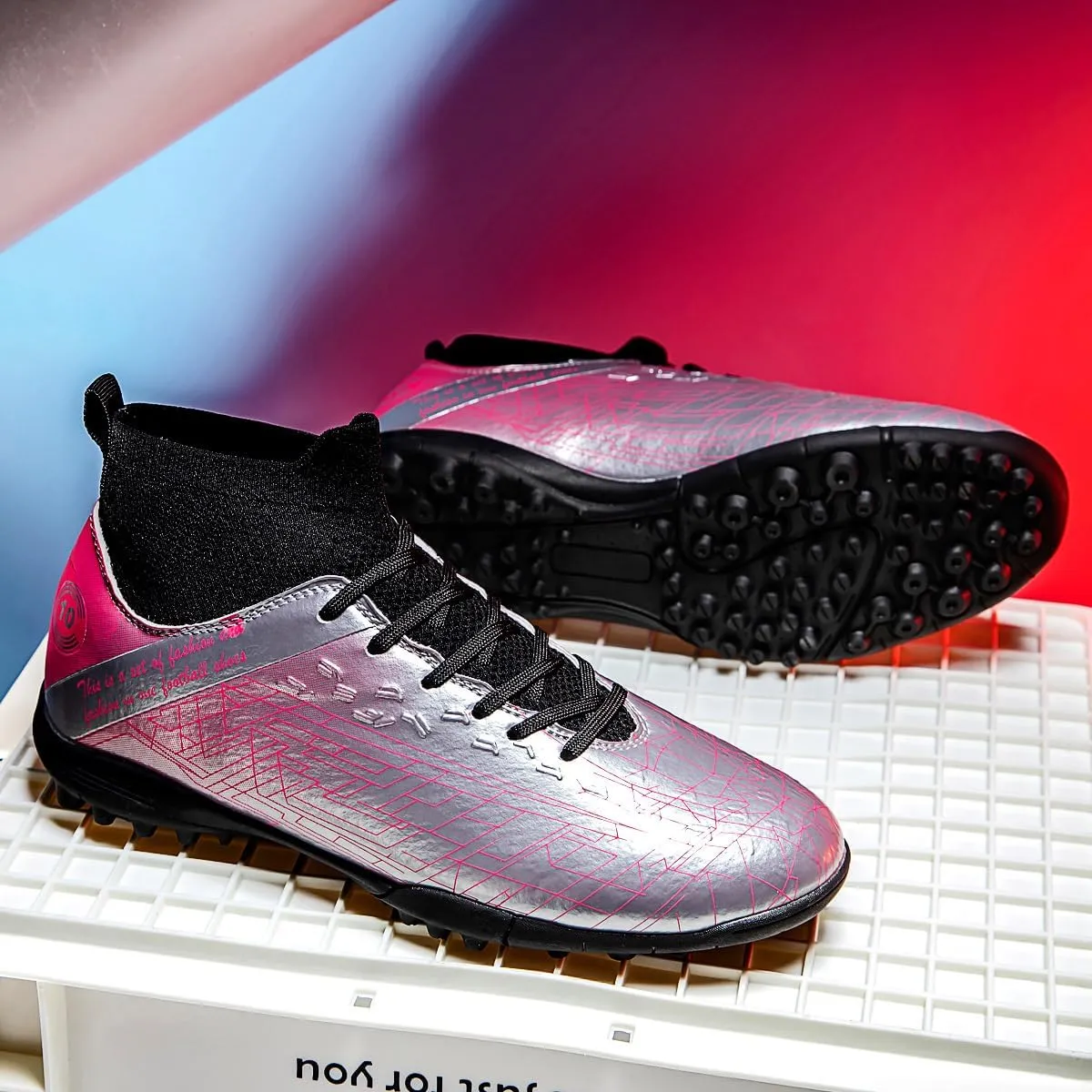 Men's Gold Soccer Cleats FG/Turf - Breathable Knit & PVC Soccer Sneakers for Mens Womens - Lightweight Football Shoes with Metallic Glossy