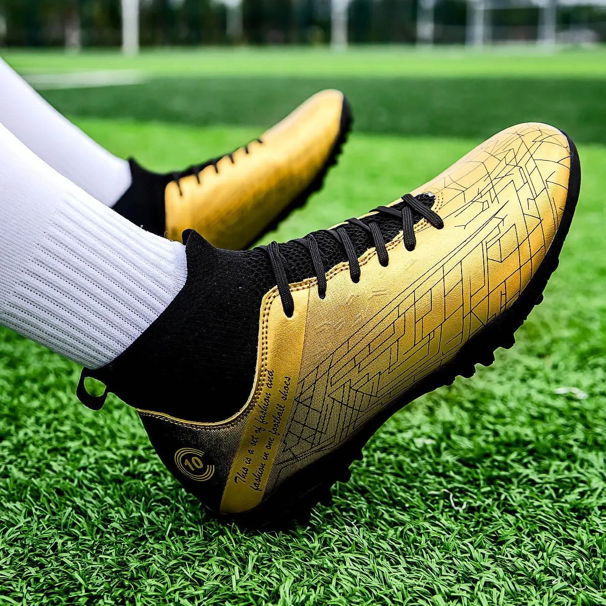Men's Gold Soccer Cleats FG/Turf - Breathable Knit & PVC Soccer Sneakers for Mens Womens - Lightweight Football Shoes with Metallic Glossy