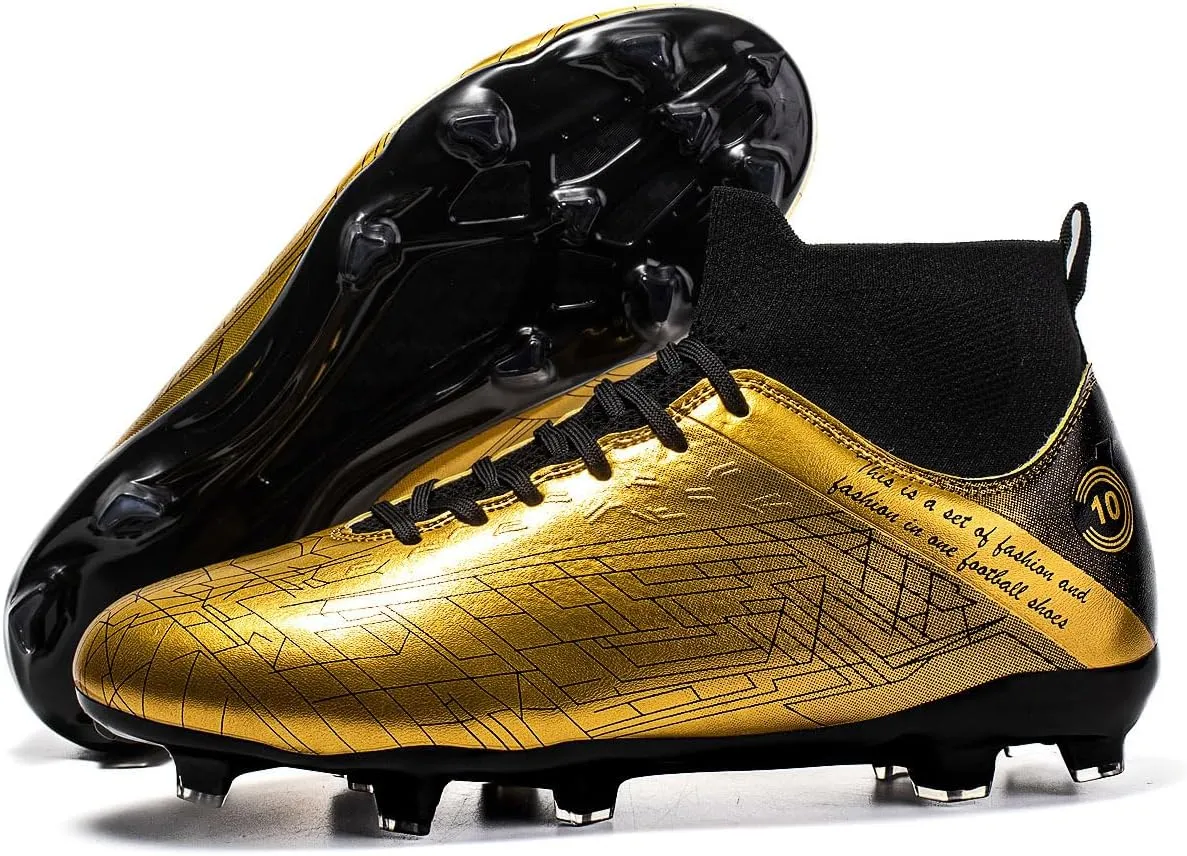 Men's Gold Soccer Cleats FG/Turf - Breathable Knit & PVC Soccer Sneakers for Mens Womens - Lightweight Football Shoes with Metallic Glossy