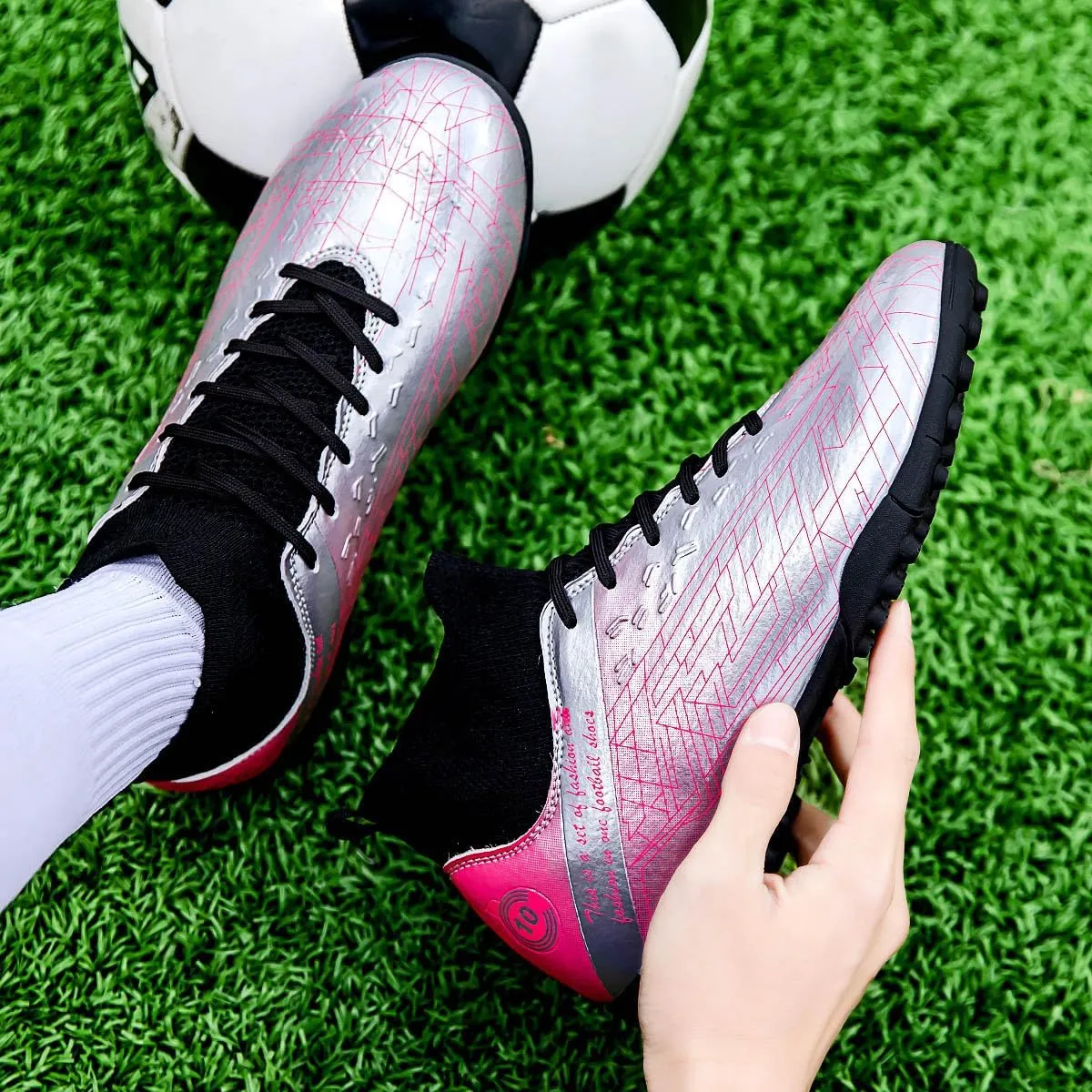 Men's Gold Soccer Cleats FG/Turf - Breathable Knit & PVC Soccer Sneakers for Mens Womens - Lightweight Football Shoes with Metallic Glossy