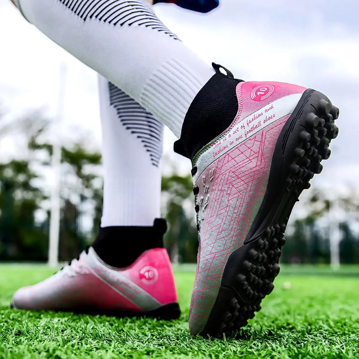 Men's Gold Soccer Cleats FG/Turf - Breathable Knit & PVC Soccer Sneakers for Mens Womens - Lightweight Football Shoes with Metallic Glossy