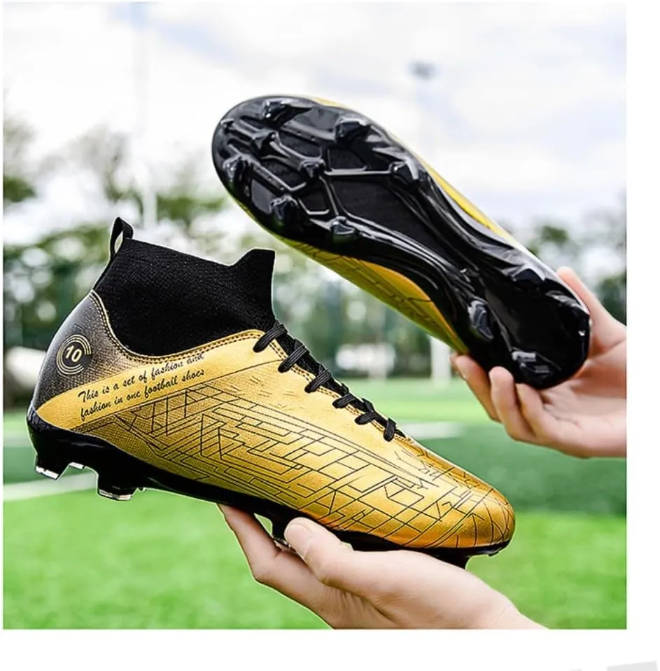 Men's Gold Soccer Cleats FG/Turf - Breathable Knit & PVC Soccer Sneakers for Mens Womens - Lightweight Football Shoes with Metallic Glossy