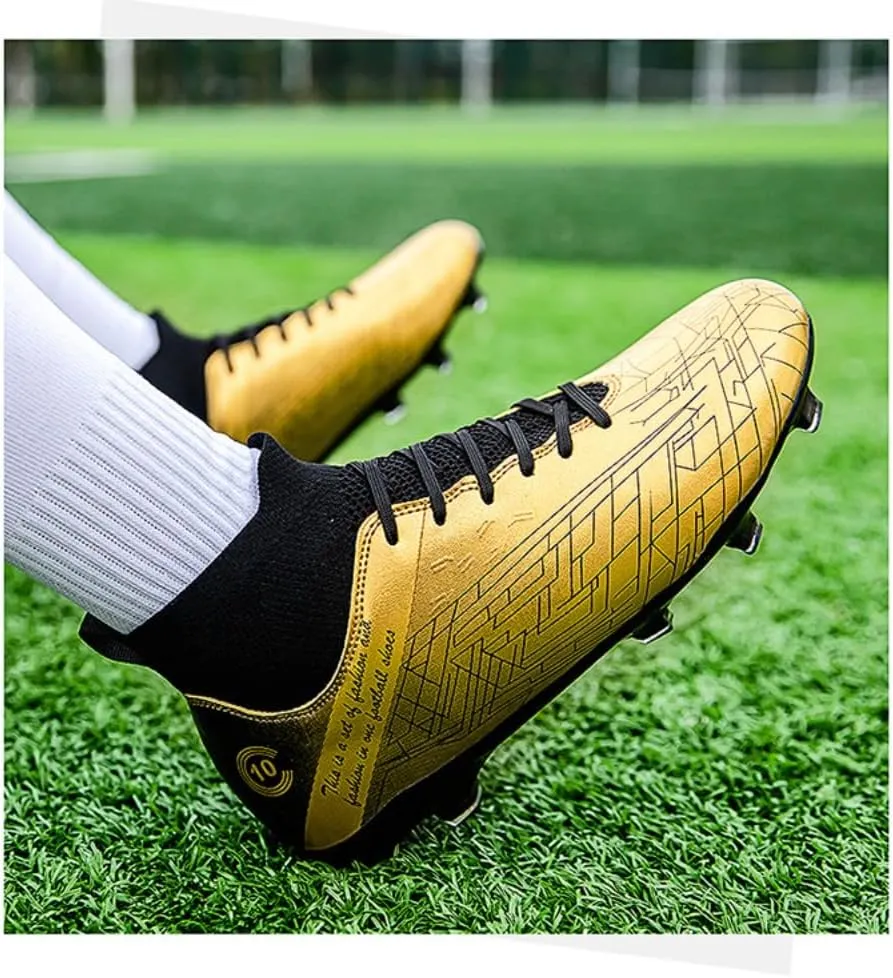 Men's Gold Soccer Cleats FG/Turf - Breathable Knit & PVC Soccer Sneakers for Mens Womens - Lightweight Football Shoes with Metallic Glossy