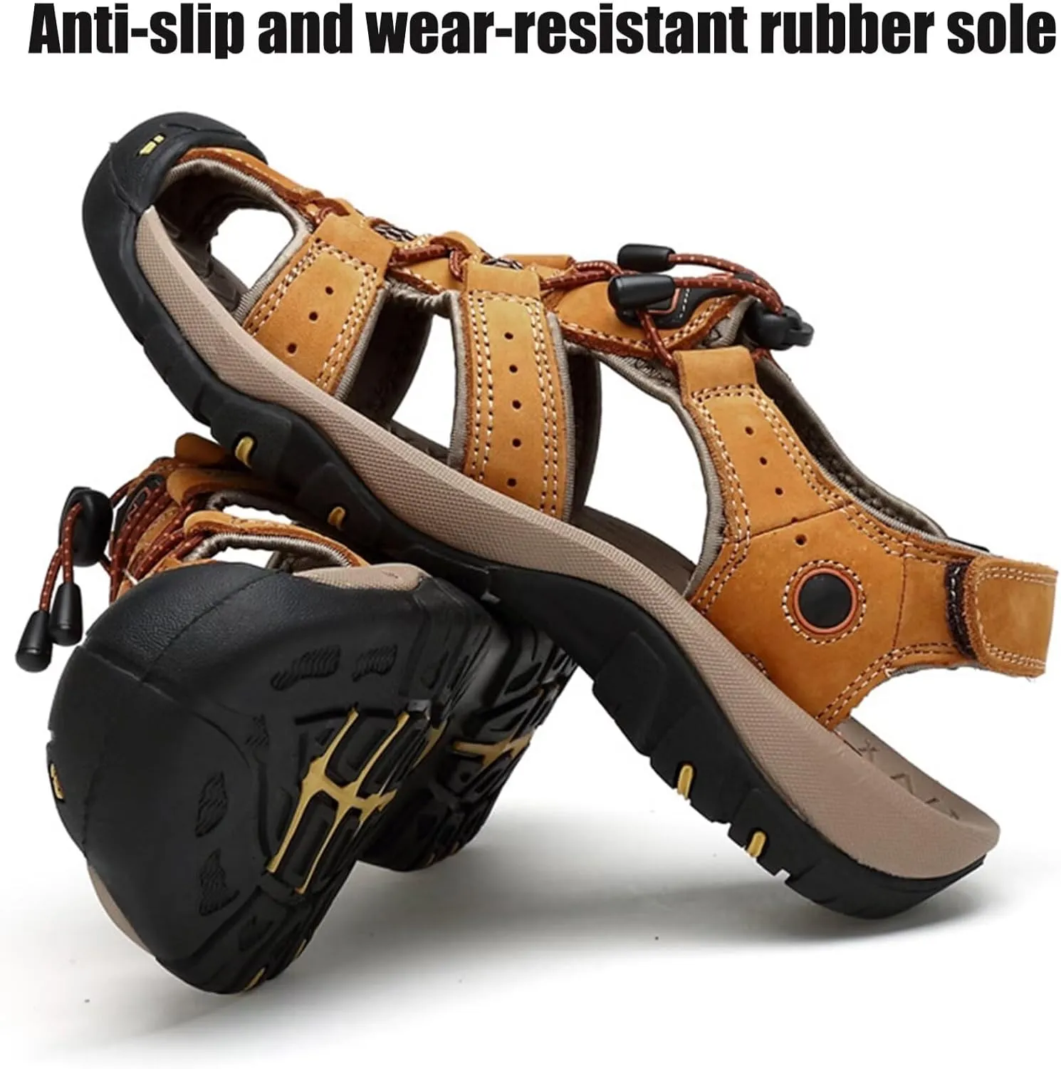 Mens Hiking Sandals Outdoor Sports Summer Leather Beach Fisherman Water Shoes Adjustable Closed Toe Walking Trekking Sandals Casual Breathable Non-Slip Athletic Sandals Waterproof